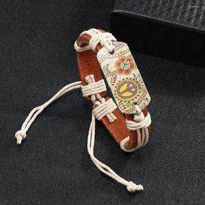 Bracciale in pelle vintage marrone con segno di pace, tessuto fatto a mano, regolabile, stampa floreale per bracciale da uomo, coppia, gioielli, regali