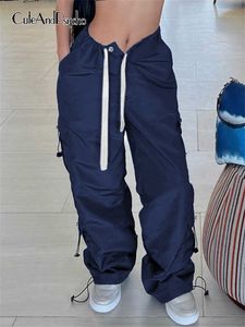 Женские брюки Capris cuteandpsycho Эстетическая повседневная мешковатая парашютная уличная одежда Harajuku синие мешковатые брюки шика