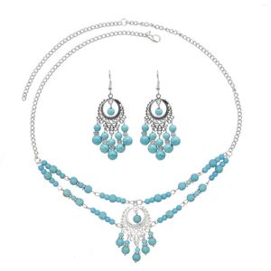 Necklace Earrings Set Fashion Tibetan Turquoise Beads Tassel Head Chain For Women Boho Antique National Dress Headpiece Ear Jewelry Gifts