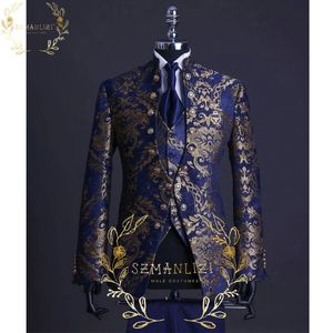 Men's Suits Blazers Handsome Blue Gold Floral Rim Stage Men Suit Set Stand Collar Mens Wedding Suits Formal Groom Tuxedo Costume Jacketpantsvest 230310