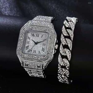 Armbandsur 2st lyxklocka för män kvinnor guld cubana armband isade ut hiphop klockor present set smycken reloj hombre