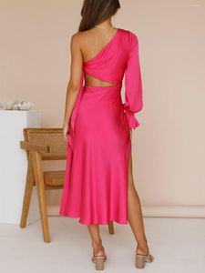 Casual Dresses Evening Party 2023 Fashion Women Long Sleeve One Shoulder Waist Cut Out Sexy Side Slit Elegant Satin Midi