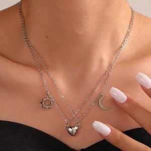 Chains Charm Stainless Steel Moon Sun Couple Necklace Magnet Heart Pendant Link Chain For Valentine's Day Lover Jewelry