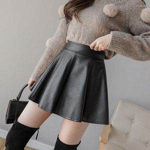 Skirts Women Fashion PU Leather High Waisted Classic Stretch Short Pleated Skirt Ladies Black Mini Saia Faldas X54