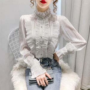 Women's Blouses Korea Beading Flounce Blouse Women OL Office Ladies Business White Shirt High Neck Frilly Ruffle Cuffs Shirts Female