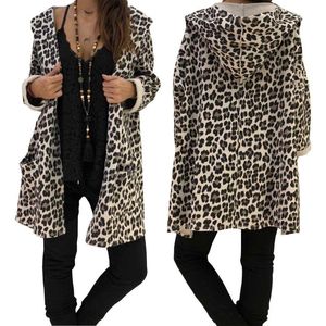 Jaquetas femininas moda mulheres leopardo com capuz longo casaco cardigan outono wainter mangas soltas outwear jaqueta