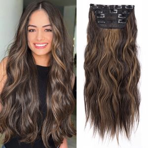 Pezzi di capelli sintetici lunghi ondulati donne clip sintetica ad alta temperatura nell'estensione dei capelli parrucchino 4 pezzi clip in lunghe onde morbide e glam spesse 230310