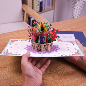 Presentkort Mothers Day Pop Up Card Birthday Anniversary Gift 3D Flowers Basket GRATNING KORT FÖR MOM FRU Z0310