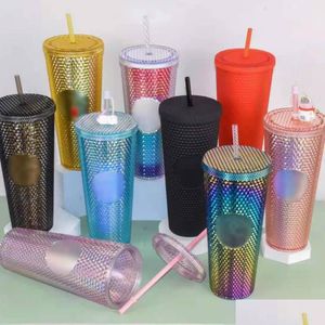 Tubllers 24 uncji Spersonalizowane Starbucks Opalizujący bling Rainbow Unicorn Studded Cold Cup Kubek do kawy z słomką 4488 Drop de dhnbk