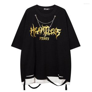 Men's T Shirts High Street Printed Black Casual With Chains Ripped O Neck Top Tees For Male Oversized Short Sleeves