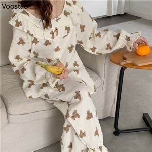 Women's Sleepwear Women Lolita Style Pajama Sets Spring Autumn Long Sleeve Bear Print Fashion Nightwear Loose Elegant Pyjamas Female Sleepwear 230310