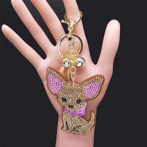 Key Rings Fashion Chihuahua Dog Crystal Keychain Bag Accessories for Women Yellow Gold Color Keyring Jewelry llaveros para muje