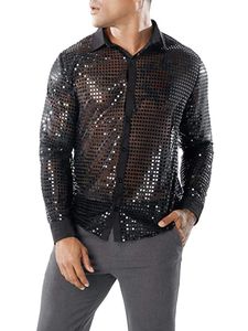 Camisas casuais masculinas Mens lantejoulas botão para baixo manga longa brilhante glitter vestido tops boate festa fantasia blusa para palco 230309