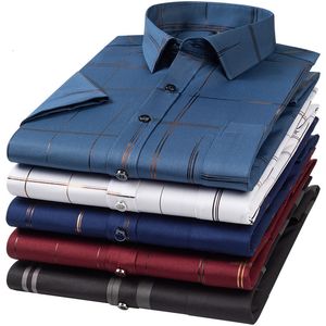 Camisas casuais masculinas verão manga curta para homens estampagem de ouro xadrez poliéster não ferro resistente a rugas negócios moda top 230309