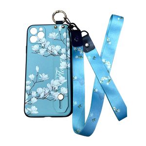 Chinese Flower And Grass Mobile phone Cases Wrist Band Neck Lanyard Emboss Silicone TPU Soft Case Apple Phone Holder Protective Cover For Iphone 14 Pro Max plus 13 12 11