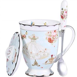 Tea Cup and Lid and Spoon Set Royal Fine Bone China Coffee Mug 11oz Light Blue TeaCups Gift for Women Mom Gift Box 325W