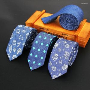 Bow Ties Cotton Denim Men's Black Blue Solid Color Tie Narrow 6cm Width Necktie Slim Skinny Cravate Dot Flower Business Neckties