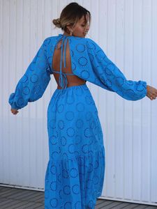 Casual Dresses Boho Cutwork Embroidery Long For Women 2023 Round Neck Sleeve Waist Cut Out Sexy Open Back Tie Cotton Maxi Dress