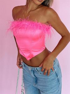Kvinnors tankar WSevypo Feathers Trim Bandeau Tubs Tops Summer Chic Sleeveless Off-Shoulder Axless Bustiers Crop Top Party Club Backless