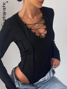 Women's Jumpsuits Rompers Cryptographic Sexy Bandage Tie Front Bodysuits for Women Long Sleeve Ribbed Knit Solid Tops Outfits Clothes 230308