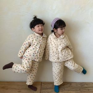 Pajamas Kids Pajamas Homewear Winter Thickened Warm Cartoon Printed Korea Girls Baby Plus Velvet Three-layer Cotton Home Clothing Suit 230310