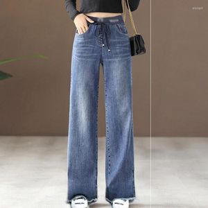Women's Jeans Fashion Elastic High Waist Drawstring Denim Wide Leg Pants Women Casual Loose Plus Size Vintage Baggy Straight Trouser