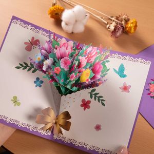 Presentkort 3D Flowers Bouquet Card Gift for Mothers Day Mamma fru Pop Up Get Well Sympathy Alla tillfällen Hälsningskort Z0310