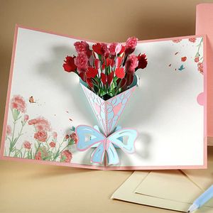 Presentkort Pop up Flower Bouquet gratulationskort Utmärkt papper Kort Bukett 3D -nejlikning Kvreateringskort för Mothers Day Gift Z0310