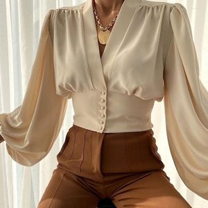 Damenblusen Sommer V-Ausschnitt Breasted Button Damenbluse Sexy Bürodame Hemd Elegant Frühling Laterne Langarm Plissee Tops