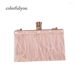 Shoulder Bags Diamond Crown Buckle Evening Clutch Bag Pink Feather Lady Wedding Party Handbag Acrylic Women With Pear Chain Style