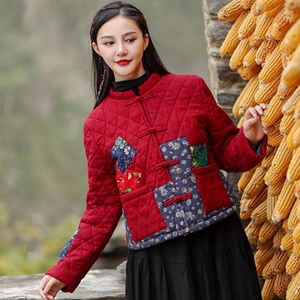 Polos dla kobiet narodowy jesień i zimowe ubrania z bawełny luźne płaszcz bawełniany lniany krótki haft klipowy