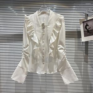 Women's Blouses BORVEMAYS 2023 Spring Fashion Trend White Elegant Shirt V Neck Single-breasted Solid Color Folds Ruffles Women