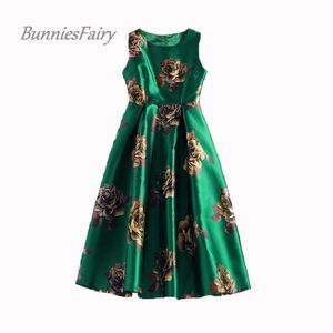 カジュアルドレスBunniesfairy 2023 Spring Vintage Rose Retro Flower Floral Print Greenベストノースリーブウェディングブラックスイングドレス