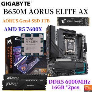 Gigabyte B650M Aorus Elite Axboard AMD Ryzen 5 7600X CPU EPRO DDR5 6000MHz 16GB *2PCS RAM AORUS GEN4 1TB SSD COMBO