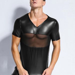 Men's T Shirts Men Sexy Transparent Leather Shirt 2023 Round Neck Short Sleeve Mesh T-shirt See Throught Gay Tshirt