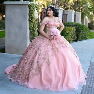 Pink Sweetheart Ball Gown Quinceanera Dresses Sweet 16 Sexy Off-Shoulder Gold Applique Lace Birthday Princess Party Gowns