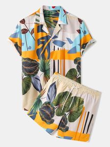 Mäns träningsdräkter Mens Hawaiian skjortor Shorts Tropical Turtle Leaf Print Beach Short Sleeve Swim Vacation Outfits Set Two Pieces Beachwear 230309