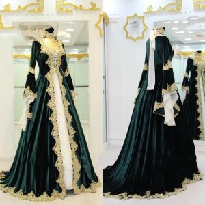 Moroccan Kaftan Traditional A Line Evening Dresses Dark Green Abaya Muslim Velvet Prom Dresses Long Sleeve Appliques robe de mariee Formal Occasion Party Gowns