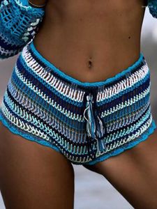 Womens Shorts Elegant Bohemian Handmade Crochet Summer Striped Slim Sexy Skinny Female Clothing Holiday Beach Short Woman