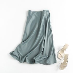 Skirts Summer Faldas Mujer Moda Midi Womens England Office Lady Satin High Waist Simple Elegant Long Skirt Women 230310