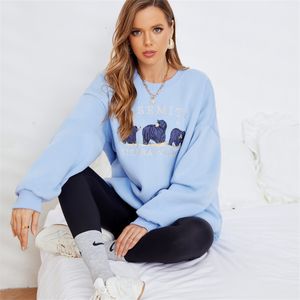 Kvinnor Hoodies Sweatshirts Sky Blue Overized Fleece Korean Style Cotton Long Sleeve Pullover Round Neck Cute Bear Graphic for Women 230310