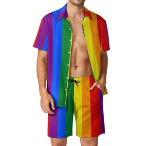 Мужские поло ЛГБТ Радужные мужские комплекты Gay Pride Флаг с принтом Повседневная рубашка Комплект Гавайские шорты для отдыха Летний костюм 2 шт. Большой размер 2XL 3XL 230310