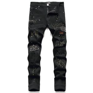 AM designer mens skinny jeans Long hippop Sticker letter Embroidery Slim Denim Straight streetwear Skinny pants wholesale U9DS