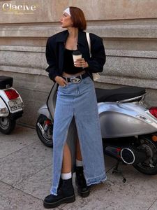 Skirts Clacive Fashion Blue Denim For Women Elegant High Waist Slit Long Skirt Streetwear Casual Chic Faldas Female Clothing 230310