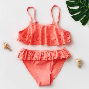 One-Pieces New Arrival 4~14Y Teenager Girls Swimsuit Solid color Children Swimwear Two pieces Girls Swimming outfit Kids Bikini Set