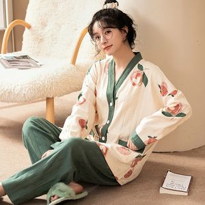 Kadın pijama kadınları Japon kimono pijamaları set v boyunlu kıyafetler gece kıyafetleri pamuklu pulluk gevşek ev kıyafetleri büyük boyutlu gece kıyafetleri 230310