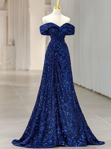 Ocean Blue A-Line Long Prom Dress Off Shoulder Sequined 2023 Elegant Evening Formal Gowns Night Party Women Robe de Soiree