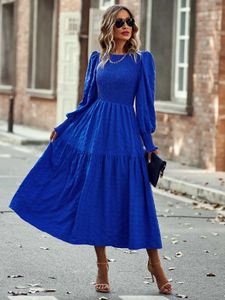 Casual Dresses 2023 Spring O Neck Lantern Sleeve Women Lose Elegant Solid A-Line Lady Simple High midje Klein Blue Y2302