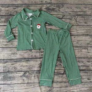 Pyjamas grossist nattkläder baby pojke jul pyjamas kläder jultomten skjorta gröna rutiga byxor set spädbarn barn boutique barn outfit 230310