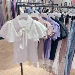 女性用ブラウスワクタシンプルな甘いショートスリーブブラウスエッジMujer Blusa 2023夏の女性シャツと取り外し可能なボウノットカラー